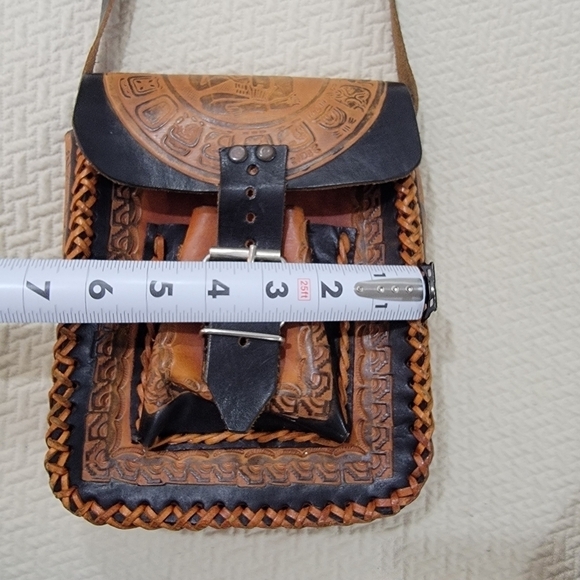 Handmade Tooled Leather Crossbody Satchel Bag Black Brown Made in Mexico - Picture 12 of 16